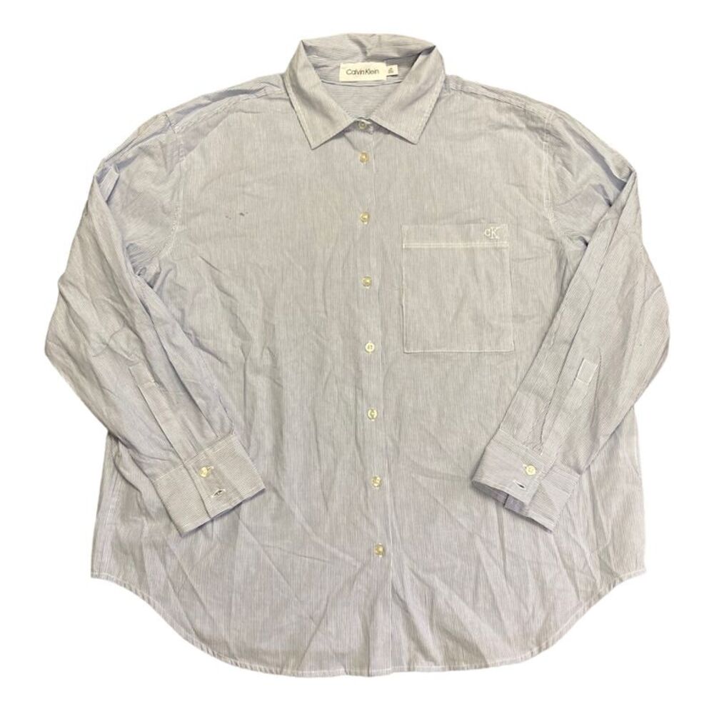 Calvin Klein Women's Long Sleeve Button Down Woven Top - Blue/White Stripes